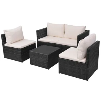 

5 Piece Garden Lounge Set with Cushions Poly Rattan Black Outdoor Patio Rattan Furniture Set Cushioned Sectional Sofa