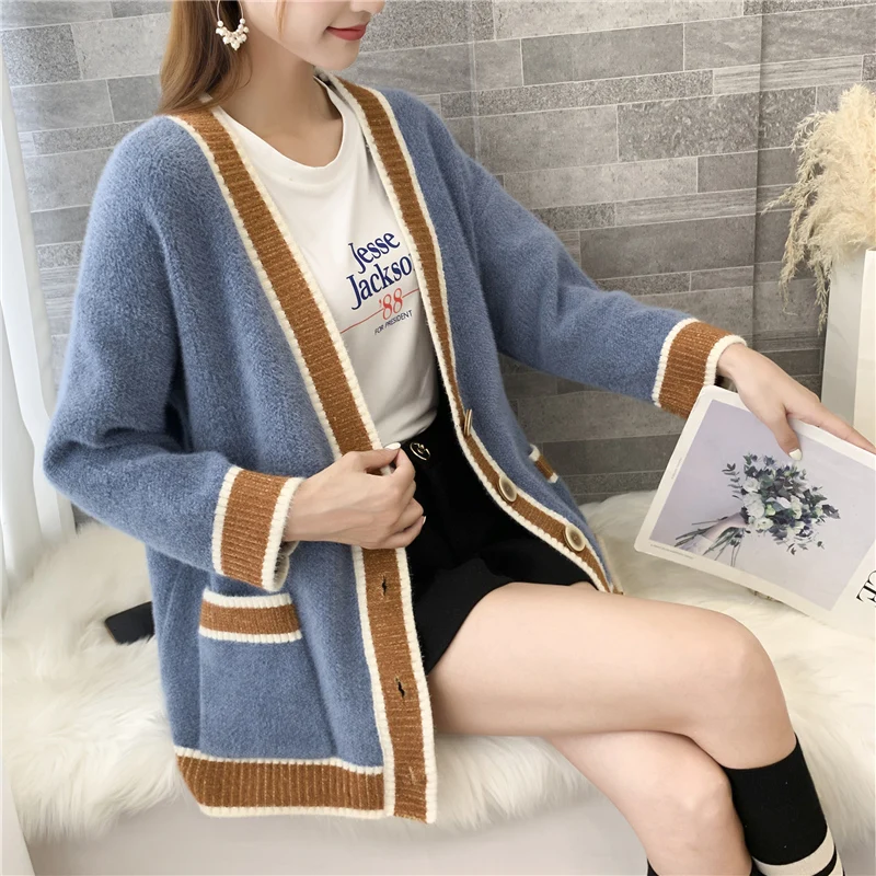 Распродажа, Blusas De Inverno Feminina, джемпер, кардиган, Feminino, 9457, вязаный кардиган с воротником, подходящим по цвету, с карманами, 70