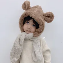 Зимние Детские плюшевые шапки с милыми медвежьими ушками для мальчиков и девочек, теплая плотная шапка, шарф, вязаная шапка