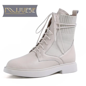 

MLJUESE 2021 women ankle boots soft Cow leather winter short plush lace up round toe low heel equestrian boots party dress