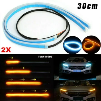 

2pcs 30CM Auto Lamps LED Car Headlight Strip Light DRL Slim Flexible Turn Signal Ice Blue&Amber Car Light Strips