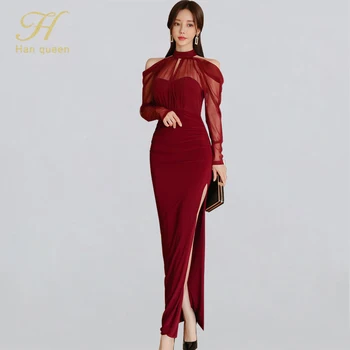

H Han Queen Sexy Elegant Halter Split Ankle-length Long Dress Women OL Winter Off Shoulder See Through Special Occasion Vestidos