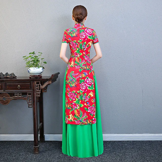 Plus size 5XL cheongsam autumn new female dignified atmosphere Austrian Chinese etiquette Printed pendulum dress Long cheongsam