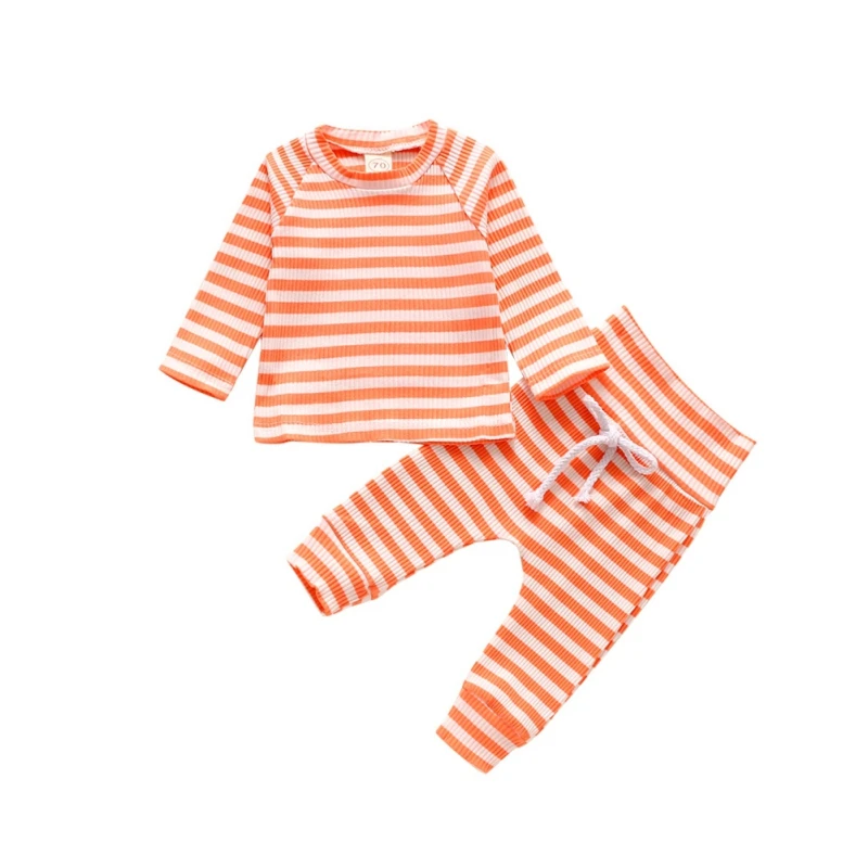 

Children's Kids Clothing Set Knitted Stripe Contrast Color Blouse Long Sleeves Trousers Casual Autumn Two Piece Suit