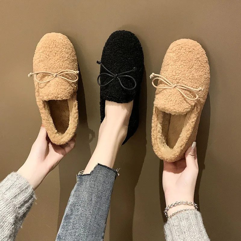 

Shoes Woman 2019 Women's Moccasins Round Toe Modis Loafers Fur Slip-on Bow-Knot Casual Female Sneakers New Cute Slip On