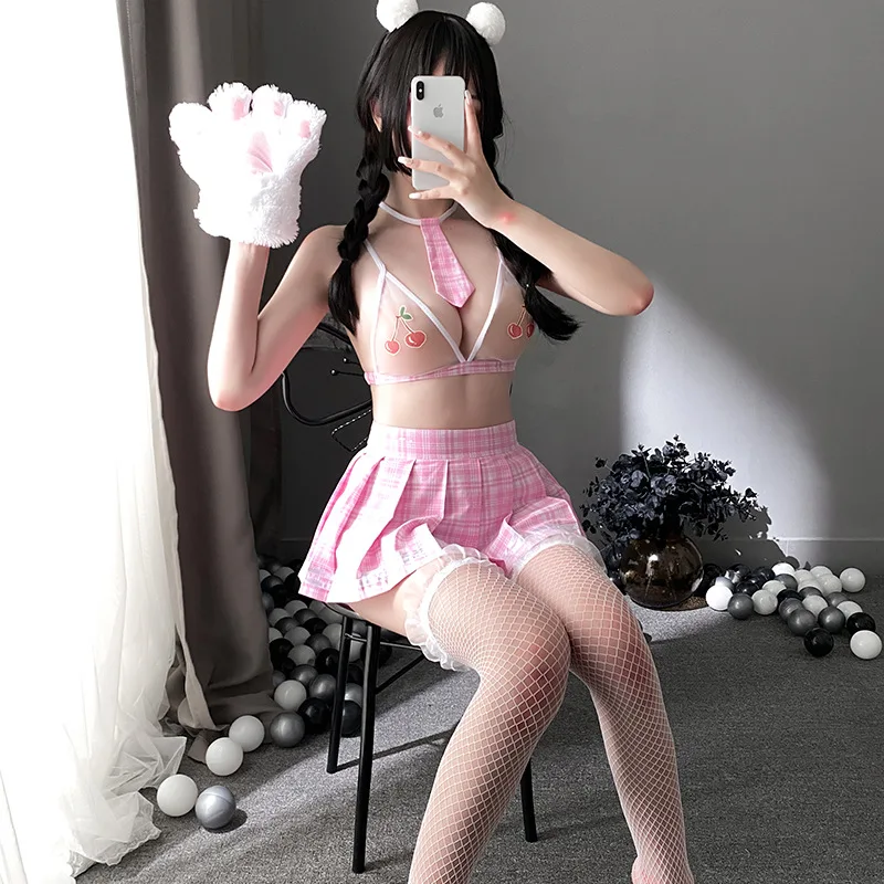

Sexy Lingerie Japanese Student Uniform Dress Erotic Cherry Print JK Push Up Schoolgirl Skirt Role Play Temptation Net Socks Set