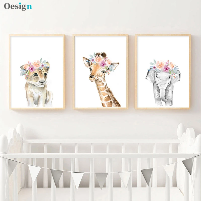 

Floral Safari Animal Lion Elephant Canvas Painting Nursery Poster Print Wall Art Pictures Nordic Kids Baby Bedroom Decoration