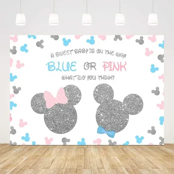 

Minnie or Mickey gender reveal blur or pink sliver glitter backdrop cartoon gender reveal party decoration baby shower photocall