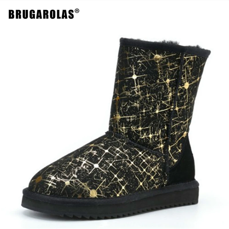 

100% natural wool sheepskin genuine leather waterproof mid-calf boots women australia classic winter shoes keep warm print color