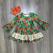 Осенне-зимнее платье для маленьких девочек, с длинными рукавами, зеленое, оранжевое, цветочное, молочное, шелковое, кружевное платье, одежда, эксклюзивная детская одежда с бантом