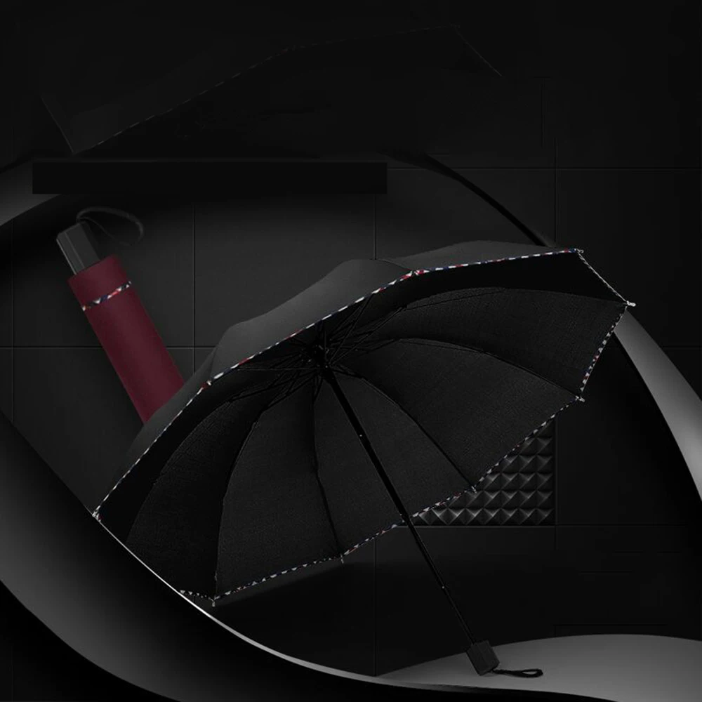 Plaid Edging Simple Umbrella Manual Tri-fold Umbrella Women Man Universal Business Umbrella 55 cm 8 Bones Solid Color Rain Gear
