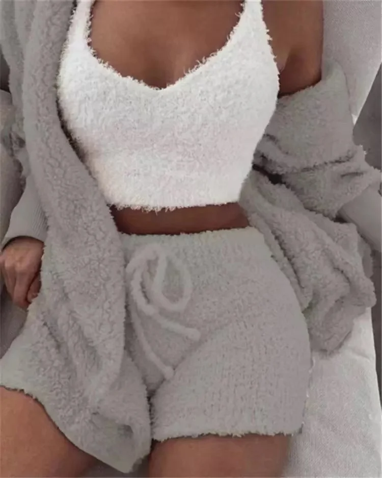 Autumn Winter 3 Piece Fluffy Outfits Plush Sexy Backless Fleece Pyjamas Women Casual Sports Sweatshirt Home Wear Sets Tracksuit two piece sets Women's Sets