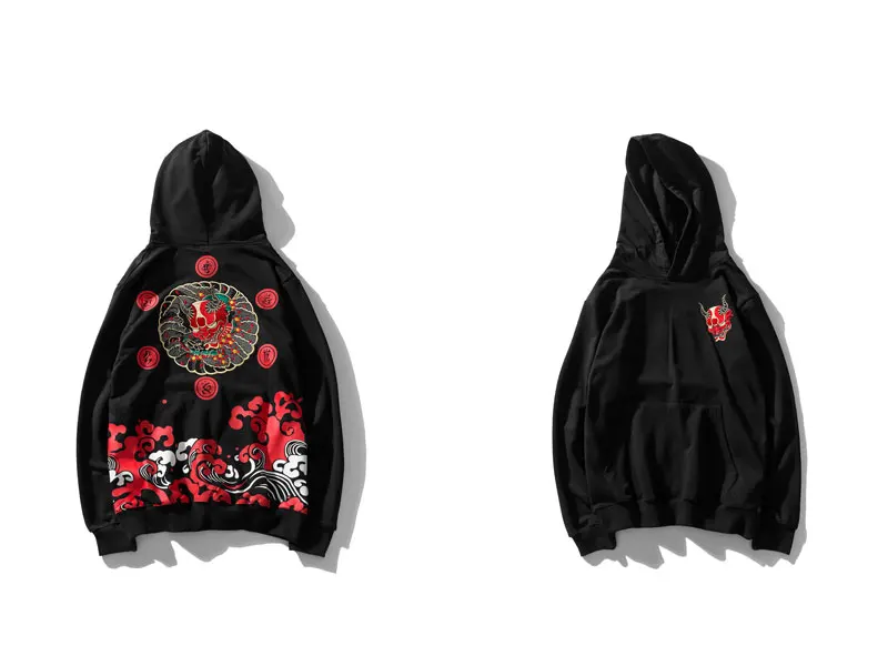 Embroidery Devil Wave Print Hoodies Men Japanese Streetwear Autumn Harajuku Hip Hop Pullover Hoodies Men Sweatshirts Streetwear
