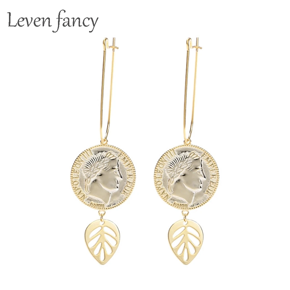 

Fashion Leaf Earrings Round Portrait Gold Medal Coin Earrings 925 Sterling Silver Jewelry Dangle Drop Charm Earrings for Girls