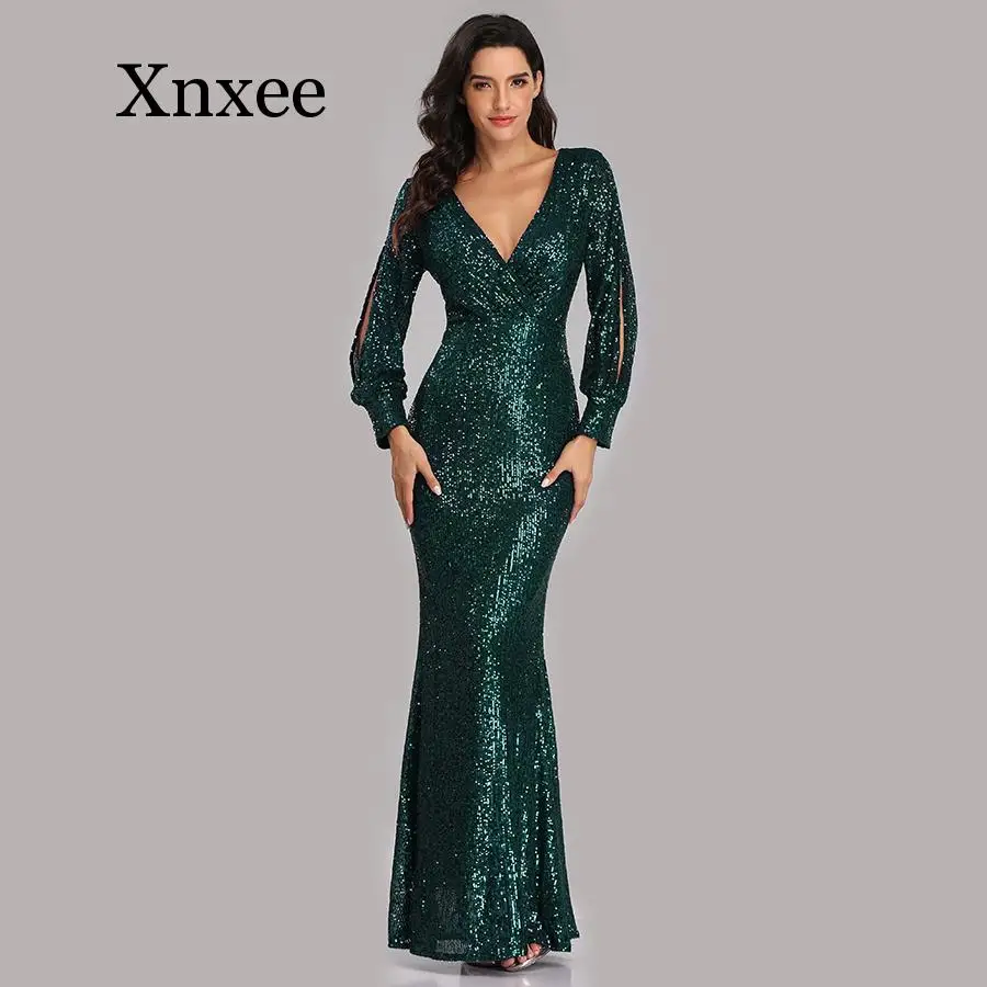 

2020 Evening long Dresses Sequined Elegant Robe De 2020 Sexy Deep V-neck Split Formal Dress Full Sleeve Evening Gown