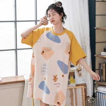 

Fashion Round Neck Sleepwear for Women Lovely Cartoon Nightdress 100% Cotton Summer Short Home Wear Loose Nightdress Dress