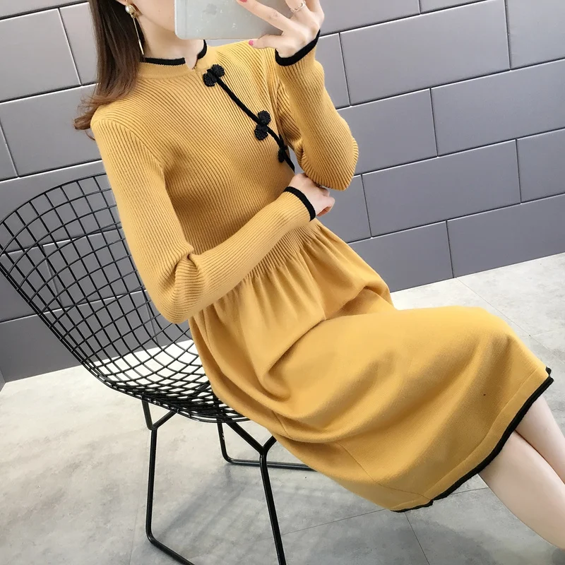 Новинка осени, корейские женские топы cheongsam, длинный пуловер, свитер с длинными рукавами, женский свитер - Цвет: Цвет: желтый