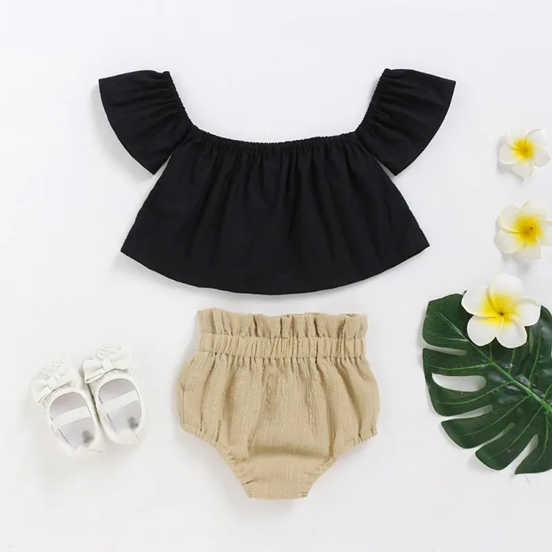 

12020 New Summer Baby Girl Casual PP Pants Sets Clothes Set Flare Sleeve Solid Color Tops T-shirt With PP Pants Outfits Set