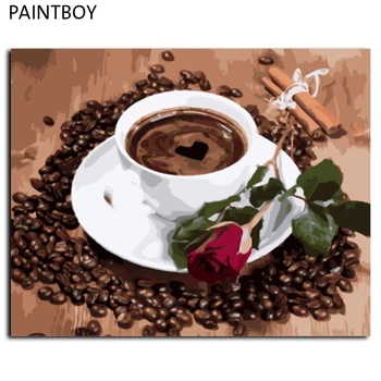 

Framed Canvas Painting By Numbers DIY Picture Oil Painting On Canvas For Home Decor Coffee And Rose GX8117 40*50cm