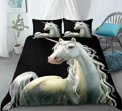 Комплект постельного белья с единорогом, белое стеганое одеяло с лошадью, черный белый фон, домашний текстиль, Детский комплект