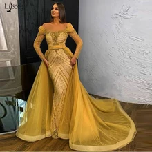 Saudi Arabia/золотое вечернее платье со съемным шлейфом, длинное выпускное платье с бусинами русалки, длинный рукав, Дубай, женский халат de soiree