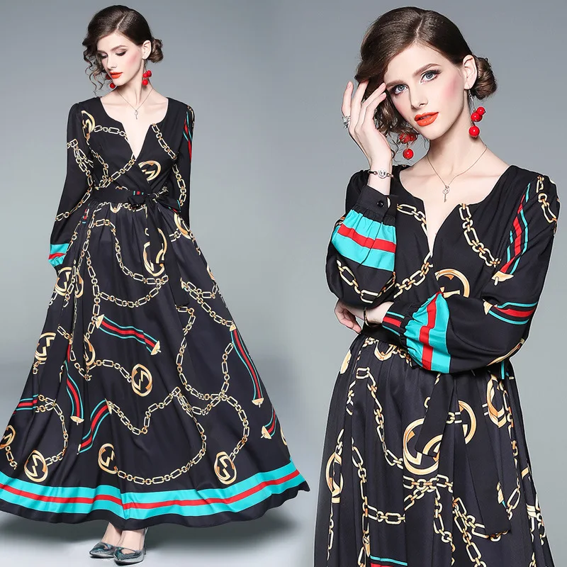 

Ozhouzhan 2019 Spring New Style WOMEN'S Dress Ozhouzhan V-neck Long Sleeve Fashion Lace-up Waist Hugging Swinging Skirt