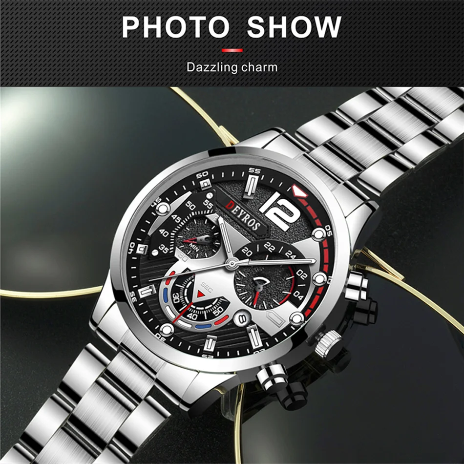 Luxury Mens Watches Fashion Gold Stainless Steel Quartz Wrist Watch Calendar Luminous Clock Men Business Casual Leather Watch