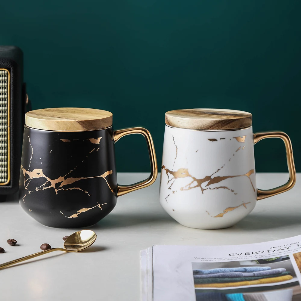 MUZITY Ceramic Coffee Mug with Lid Porcelain Tea Cup and Wooden Saucer Special Marble Golden Design Mug