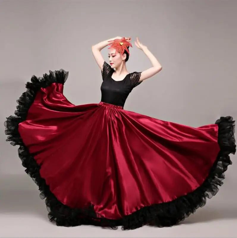 Wine Red 540 Degree Танец фламенко юбка Золотой испанский танцевальный костюм для женщин Vestido фламенко 360-720 градусов плюс размер - Цвет: Wine Red 540 Degree