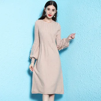

Spring New Lantern Sleeve Knitted Dress Mid-length High Waist Design Lady Knitted dress NW18C2835