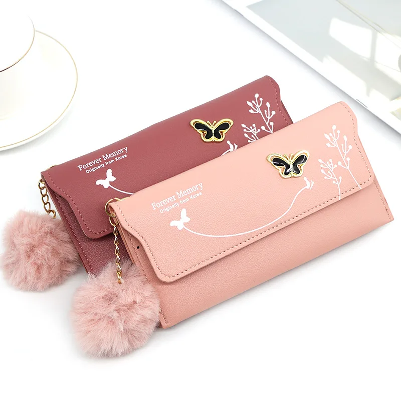 Carteras largas de moda para mujer, bolso de mano de lana de colores con lazo bola, monedero, billetera estándar de PU de poliéster sólido
