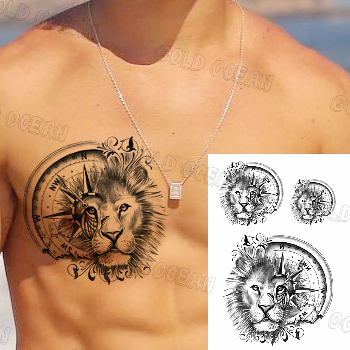 Viking Lion Face and Compass Temporary Tattoo  neartattoos