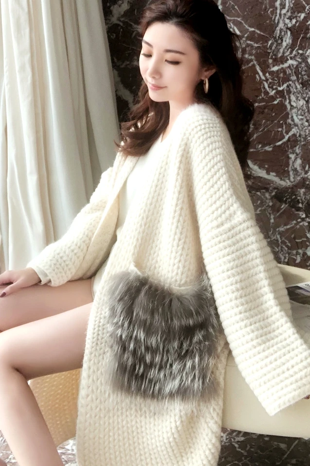 Корейский женский толстый белый шерстяной кардиган элегантный длинный натуральный Лисий Мех карман вязаный свитер зимний женский одежда