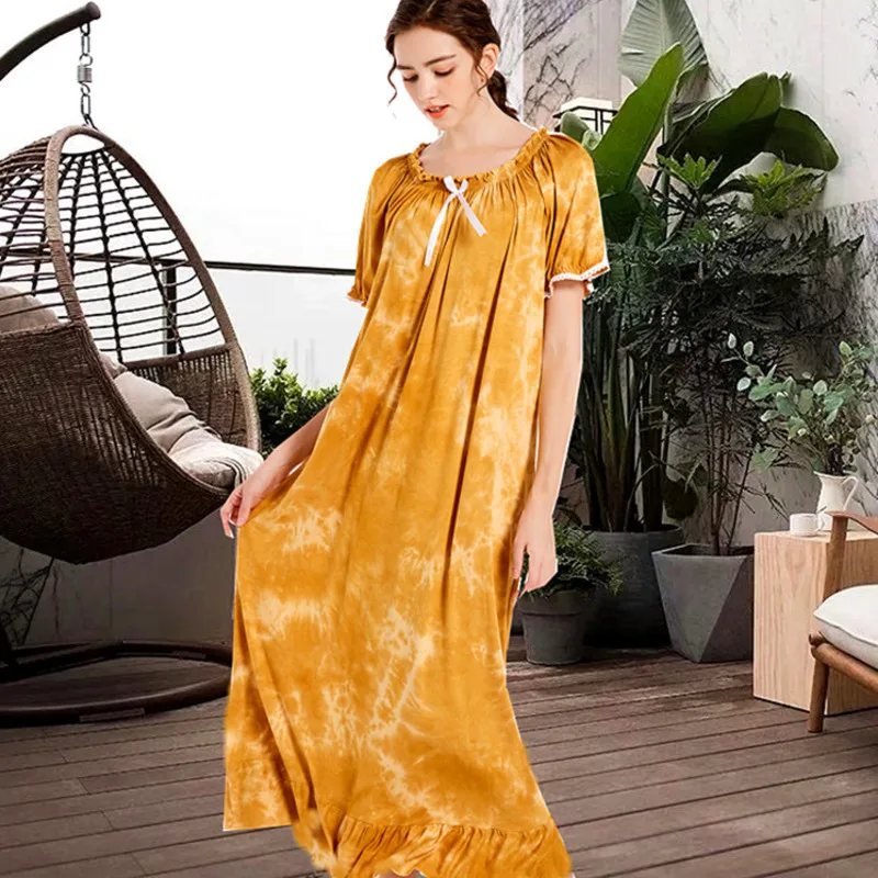 New Modal Nightdress Women Short Sleeve Gradient Long Sleepdress Nightgown Breathable Elastic Collar Floral Sleepwear Loungewear