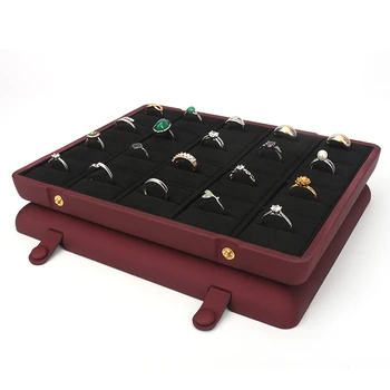 

New Red PU Leather Concealed Button Jewelry Ring Pendant Display Tray Built-in 12 Cells Card Slot For Women Fashion Accessories