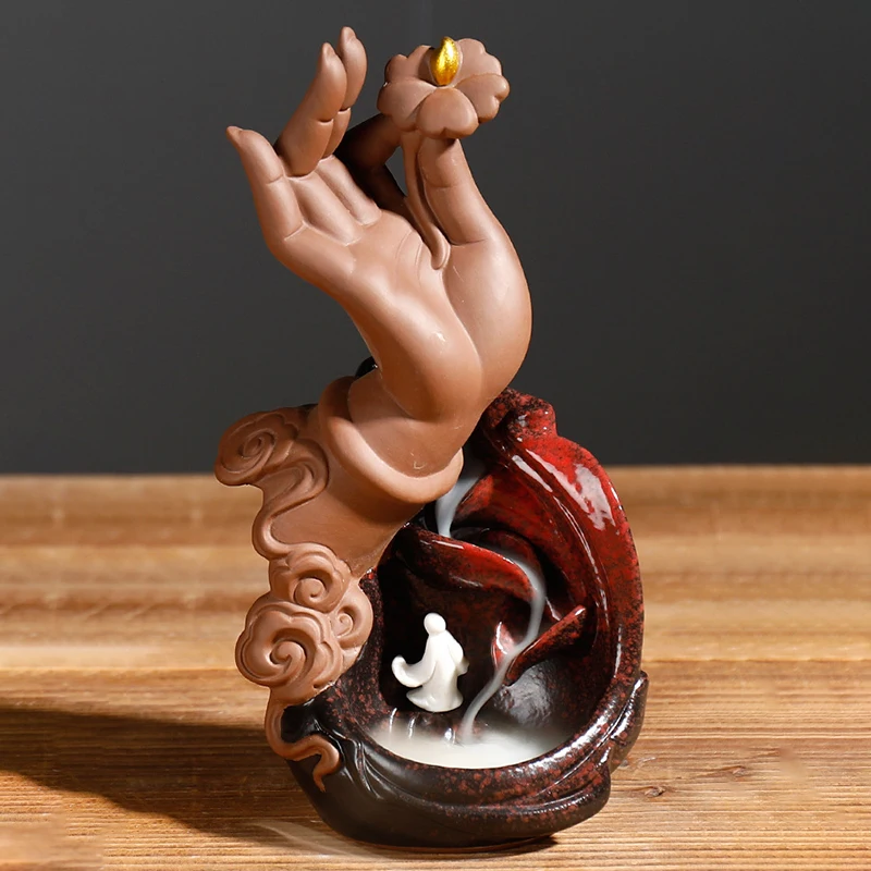 

Lotus Buddha Hand Waterfall Backflow Incense Burner Cone Smoke Censer Holder