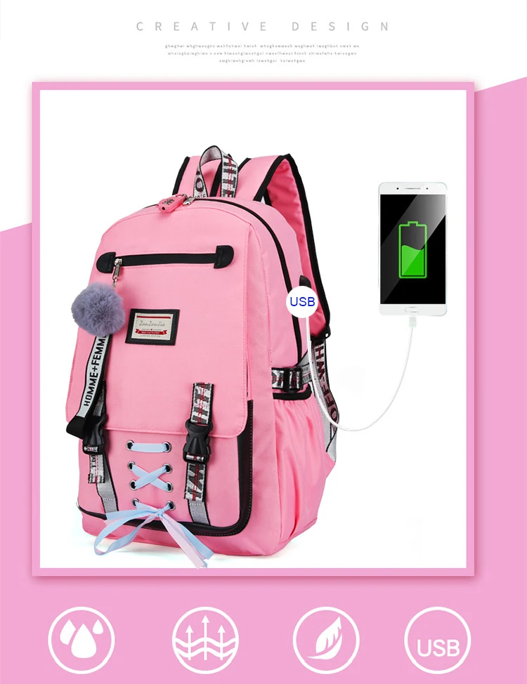 Большая сумка для книг для девочек, водонепроницаемый нейлоновый рюкзак с usb зарядным портом, женский рюкзак, школьная сумка, сумка для ноутбука, сумка для книг Mochila