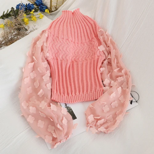 pink Neploe корейский контрастный цвет Аппликации патч Сетчатое платье-фонарь рукав пуловер свитер половина высокая шея короткий сплошной Pull Femme 48417 - Цвет: pink