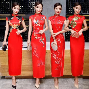 

Plus Size Burgundy Red Dress Eastqueen Chinese Traditional Women Mandarin Collar Cheongsam Oriental Satin Silk Qipao Party Gown