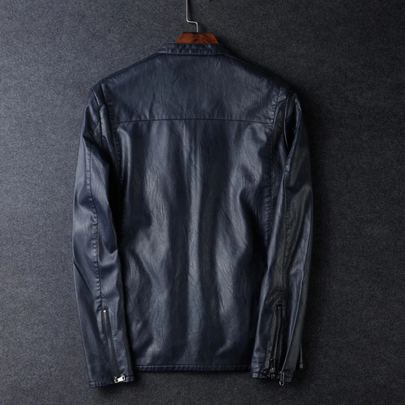 OLN Новое поступление тонкий Pu Slim Fit Мужские кожаные куртки высокое качество мода мото и Байкер стенд повседневная мужская черная куртка 4XL