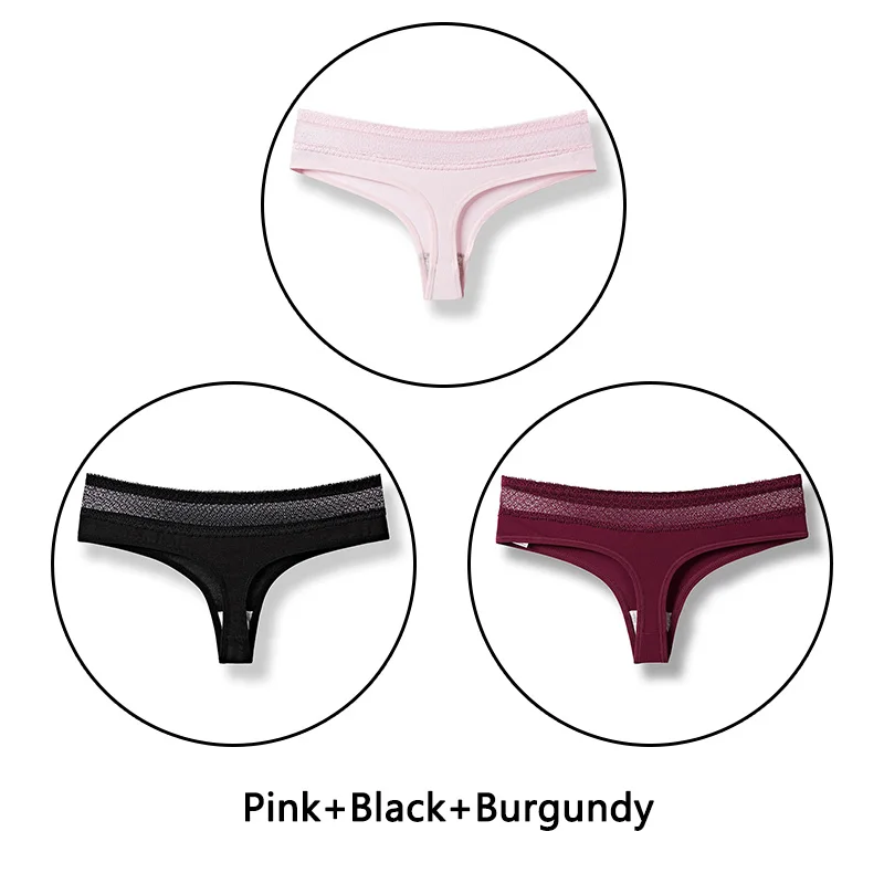 Pink Black Burgundy 3 шт./партия открытые стринги сексуальные хлопковые трусики женское нижнее белье кружевное мягкое белье с низкой посадкой однотонное стринги бесшовное белье Новинка - Цвет: Pink Black Burgundy