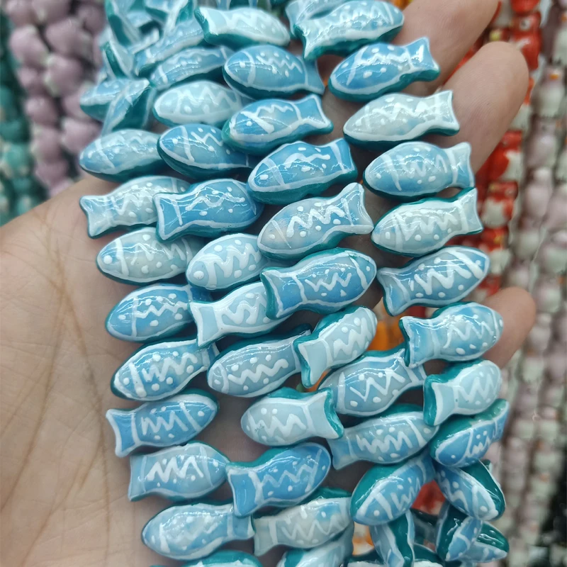 5pcs Hand Painted Technology Long Fish Ceramics Beads 10x21mm Loose Spacer Ceramic Bead For Jewelry Making DIY Accessories