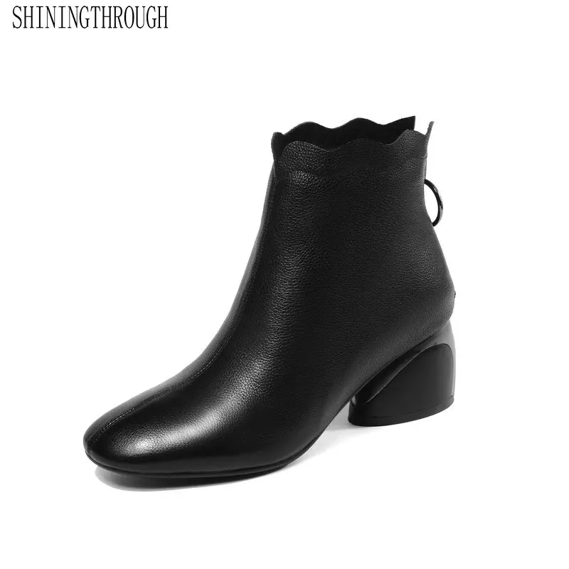 

2020 Genuine Leather Square Toe Zipper Fashion Women Shoes Autumn Winter Round Heel All Match Ankle Boots Big Size 34-41