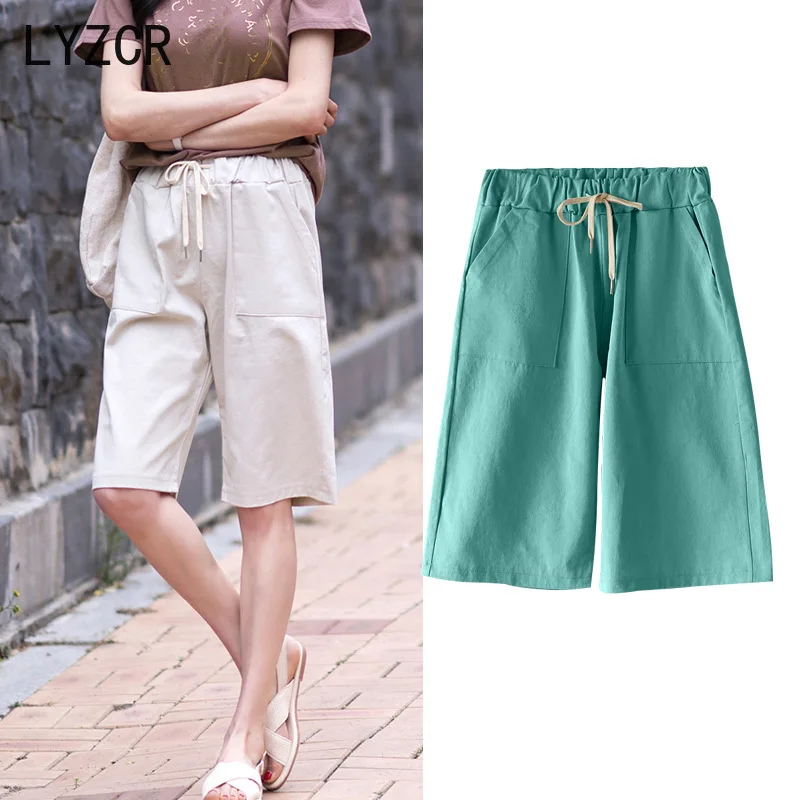 LYZCR High Waist Women Capris Pants Summer Plus Size 5XL Knee Length Pants For Women Loose Wide Leg Pants Female Trousers 2020 LYZCR High Waist Women Capris Pants Summer Plus Size 5XL Knee Length Pants For Women Loose Wide Leg Pants Female Trousers 2020