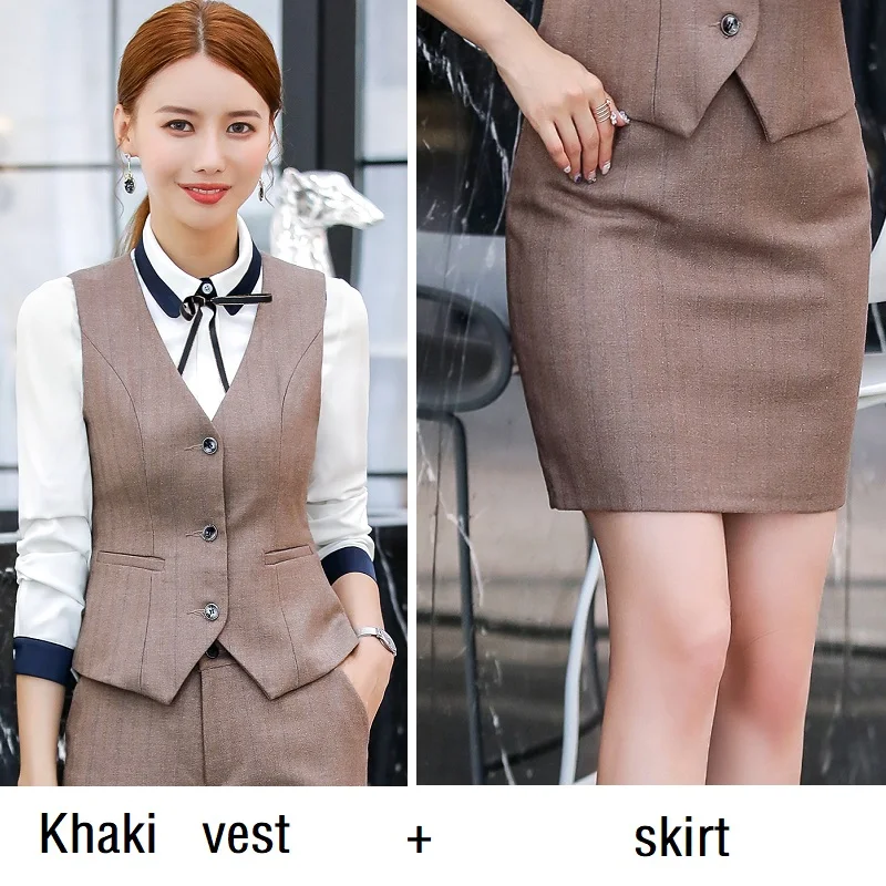 Khaki vest skirt Женские костюмы, тонкий летний жилет и юбка, комплект из 2 предметов, деловой женский костюм с юбкой, Женский комплект, костюмы 020 - Цвет: Khaki vest skirt