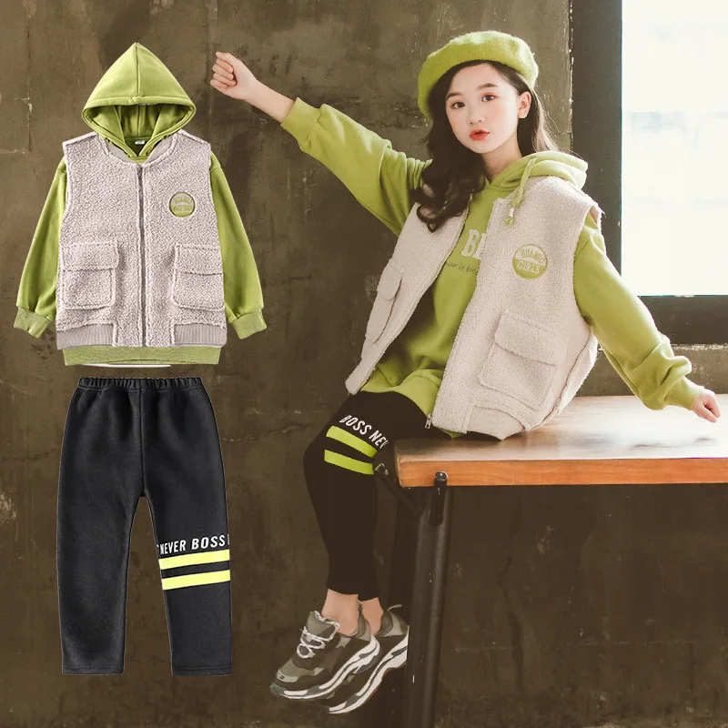 

Tracksuit for Girls Clothing Set Winter Thicken Vest Hoodie Leggings Suit Kids Clothes Teenage Clothes for Girls 12 13 14 Years
