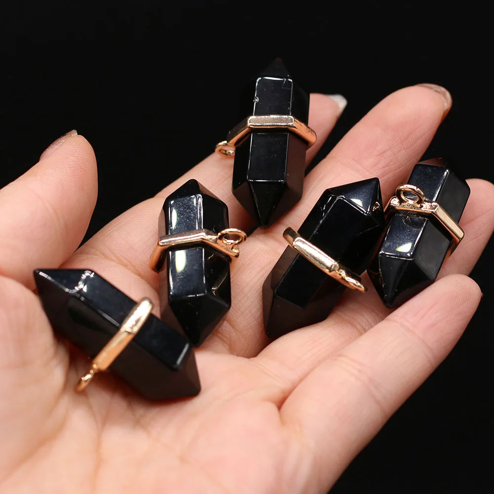 

5PCS Wholesale Natural Stone Black Agate Hexagonal Pyramid Pendant For Woman Jewelry Making DIY Necklace Earrings Accessories