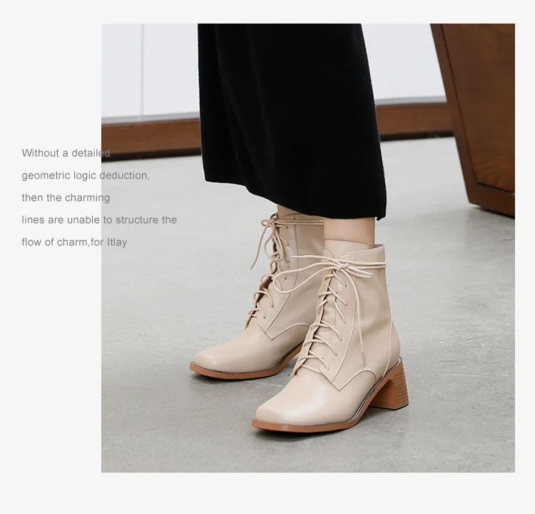 Donna-in Ankle High Heels Boots Women Elegant Cross Tied Square Toe Rubber Boots Genuine Leather Fashion Shoes Woman New