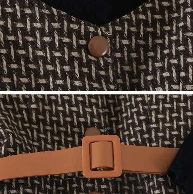 Baratos Mooirue invierno conjunto de 2 piezas para mujer con fajas Vintage Streetwear negro Delgado cuello alto jerseys + correa de cuadros conjunto de vestido de cintura alta