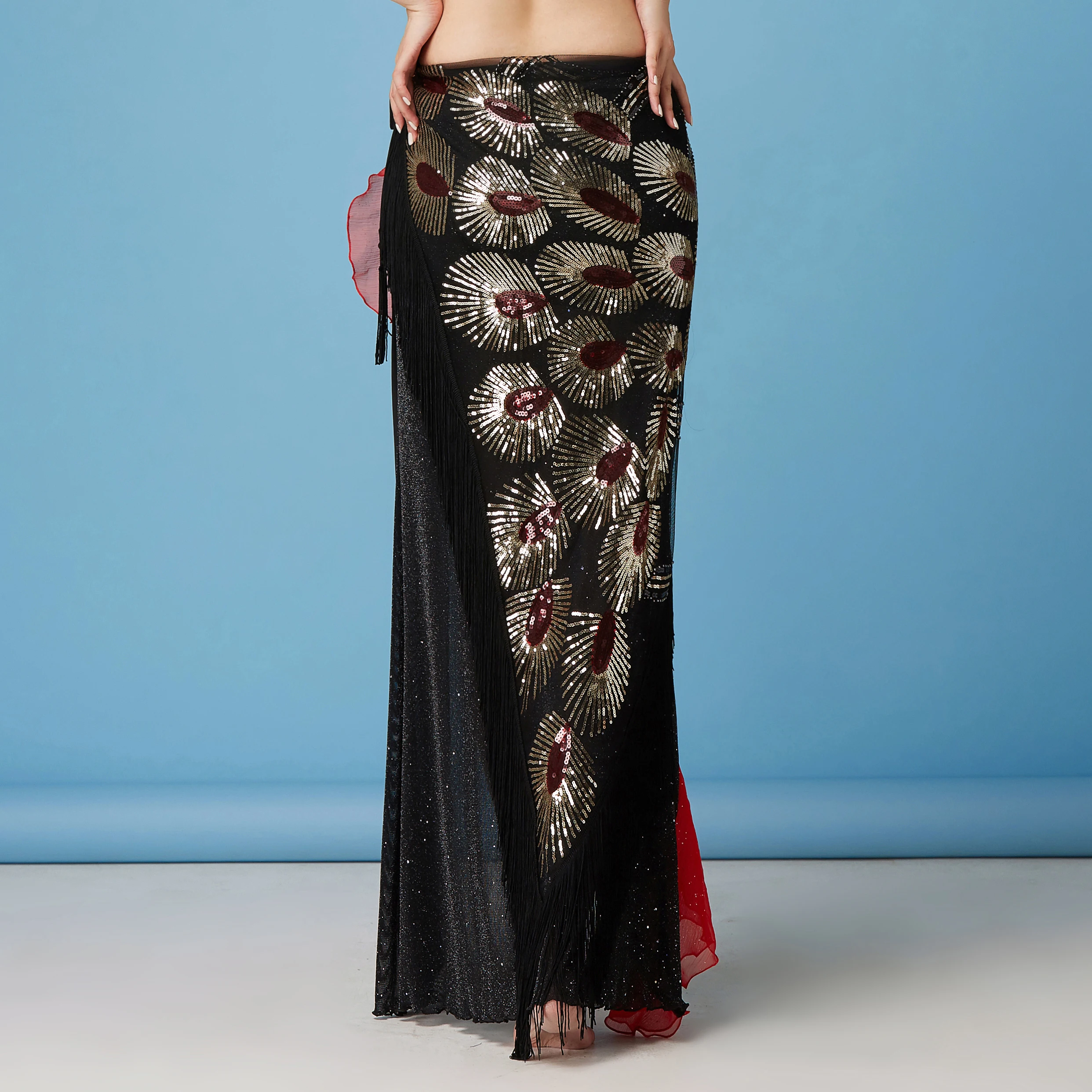 

Women Belly Dance Clothes Black Mesh Base Long Fringes Sequins Belt Tribal Hip Scarf Peafowl Design Wrap Skirt